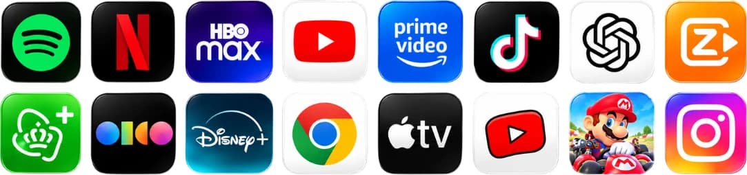 Apps zoals Spotify, Netflix, HBO Max, YouTube, Prime Video, TikTok, Disney+, Chrome en Instagram