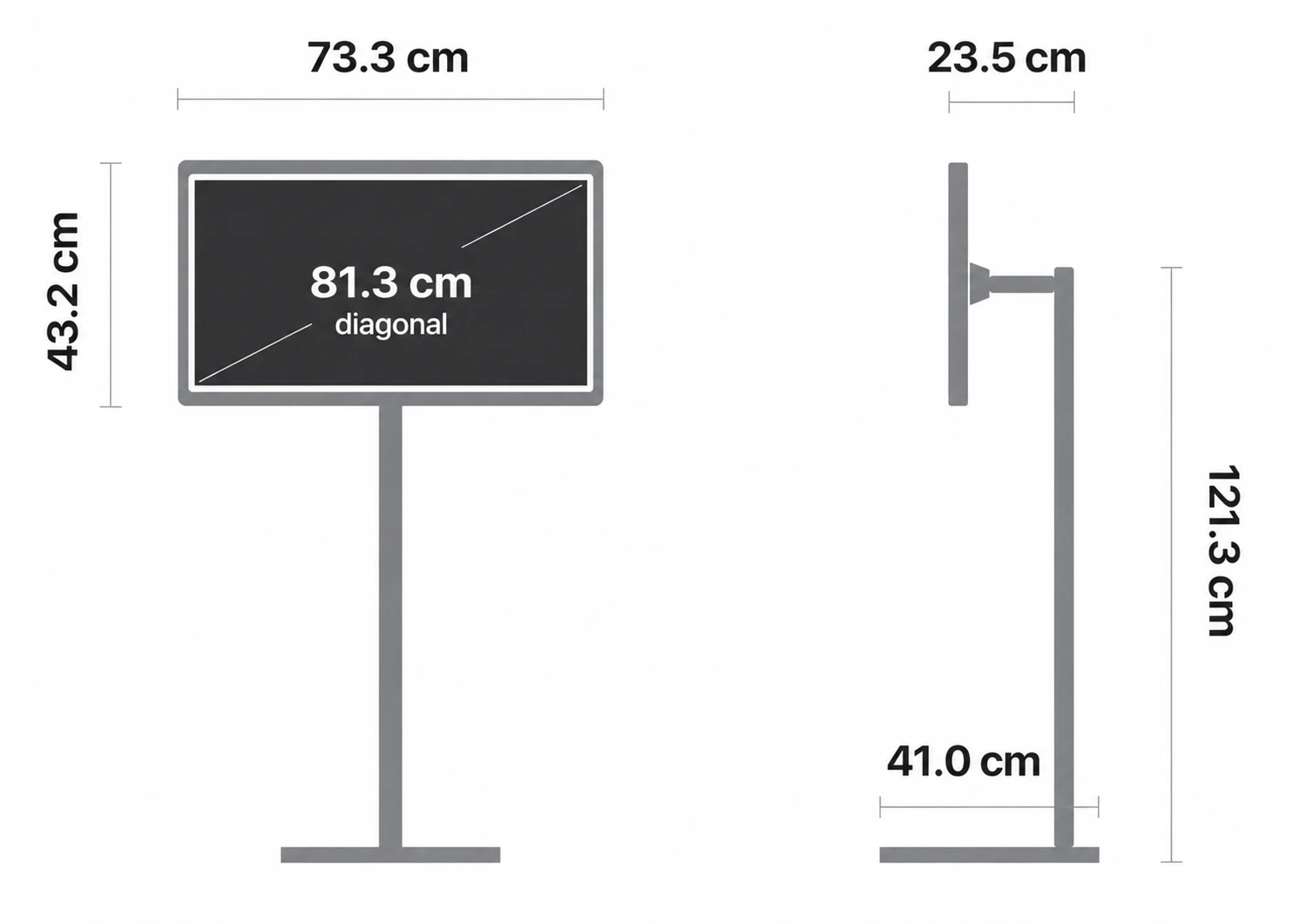 IQV Smart Display – Abmessungen: Bildschirm 73,3 × 43,2 cm, Diagonale 81,3 cm (32 Zoll), Gesamthöhe 121,3 cm, Tiefe 23,5 cm, Fuß Ø 41 cm