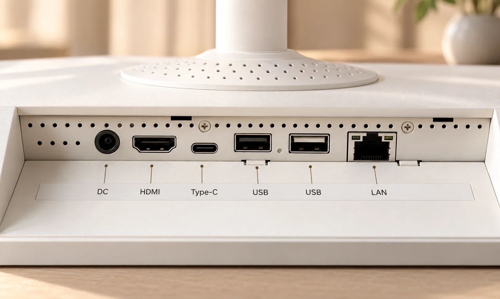 Aansluitingen van de IQV Smart Display: DC, HDMI, USB-C, 2× USB en LAN